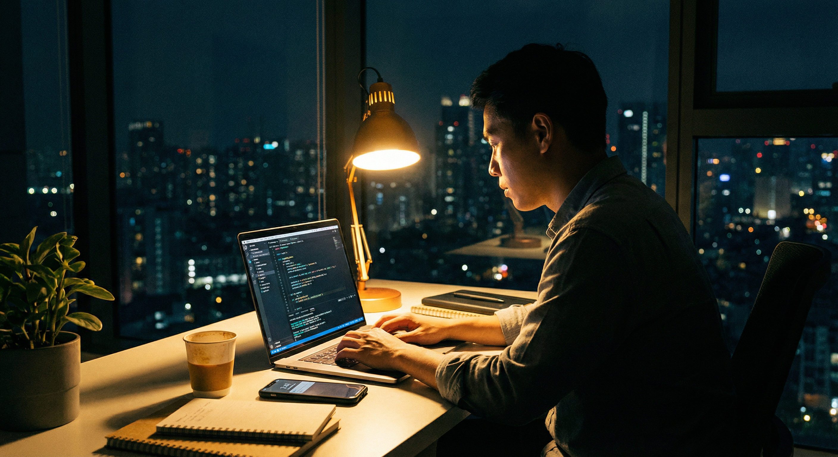 Developer working late at night on a laptop with code editor, city lights visible through the window