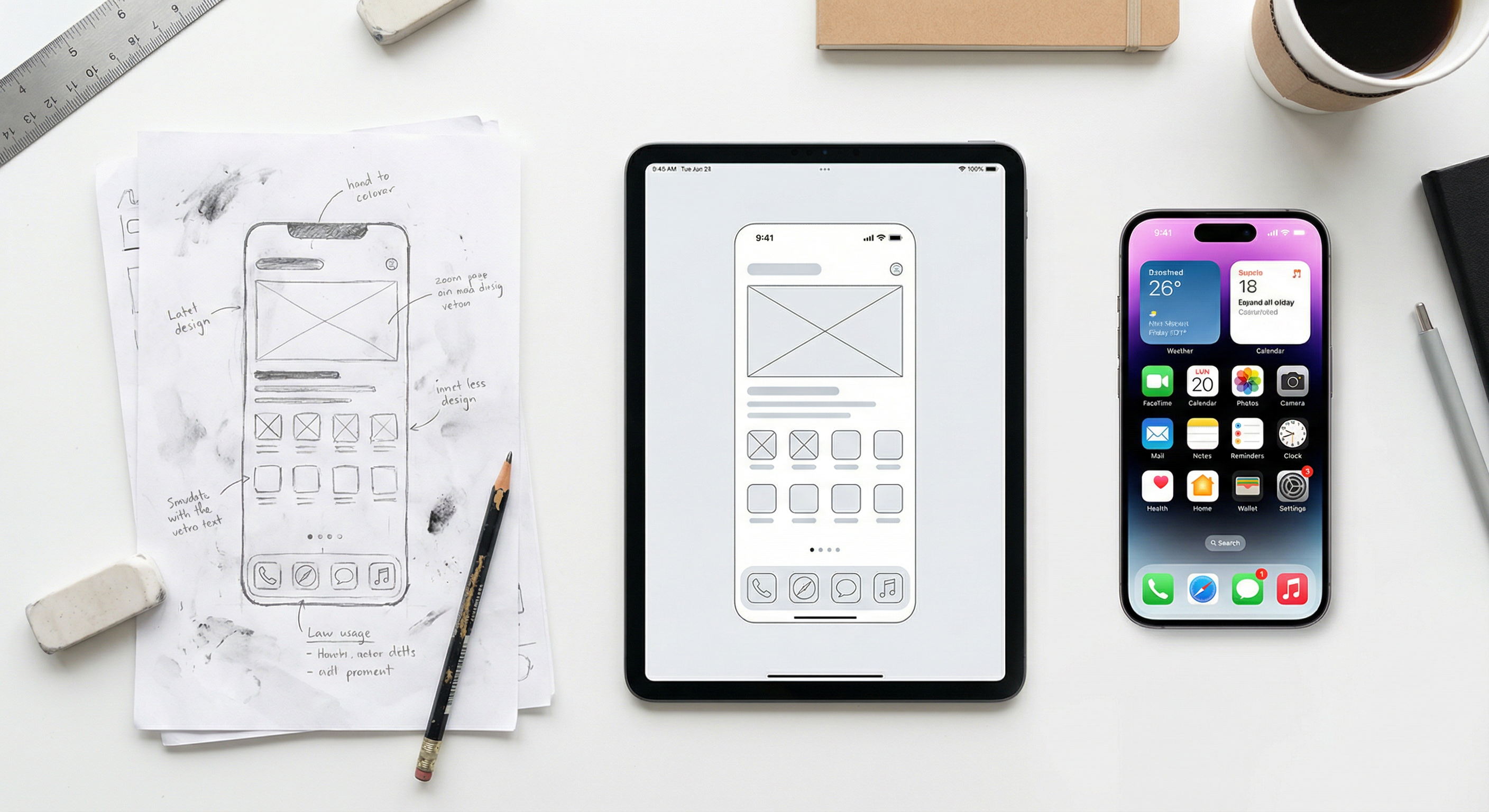 Flat lay showing the progression from paper sketches to digital wireframe to finished iPhone app