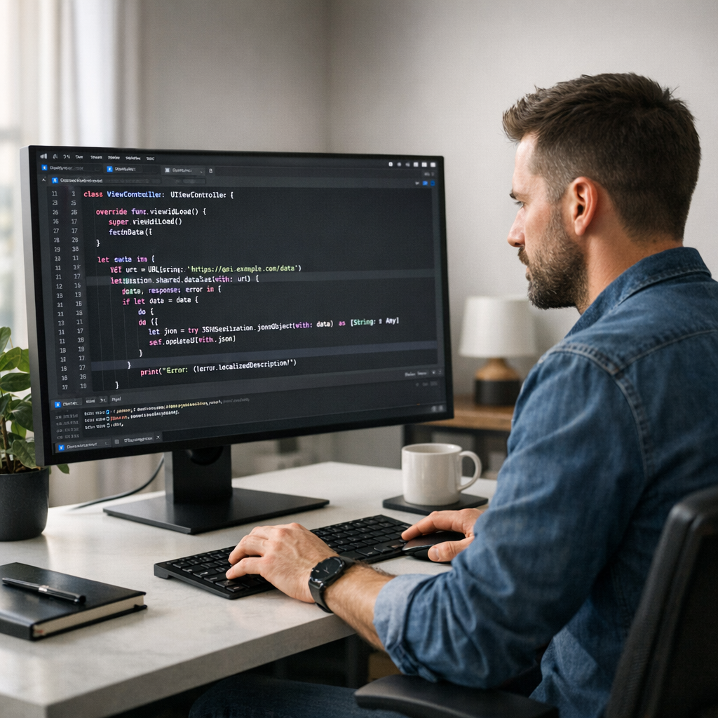 Developer focused on coding at a modern workstation with code editor on screen
