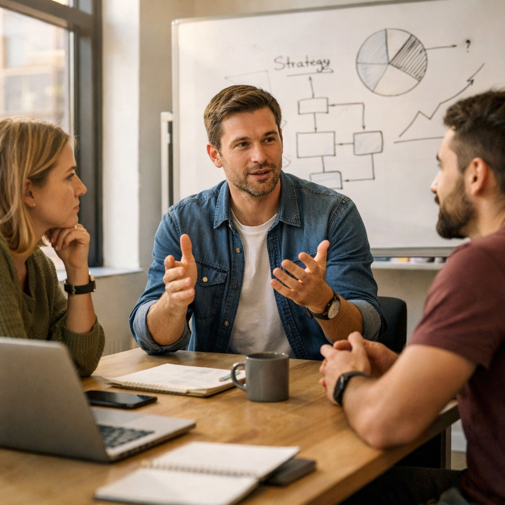 Small team discussing strategy in a modern meeting room with whiteboard diagrams