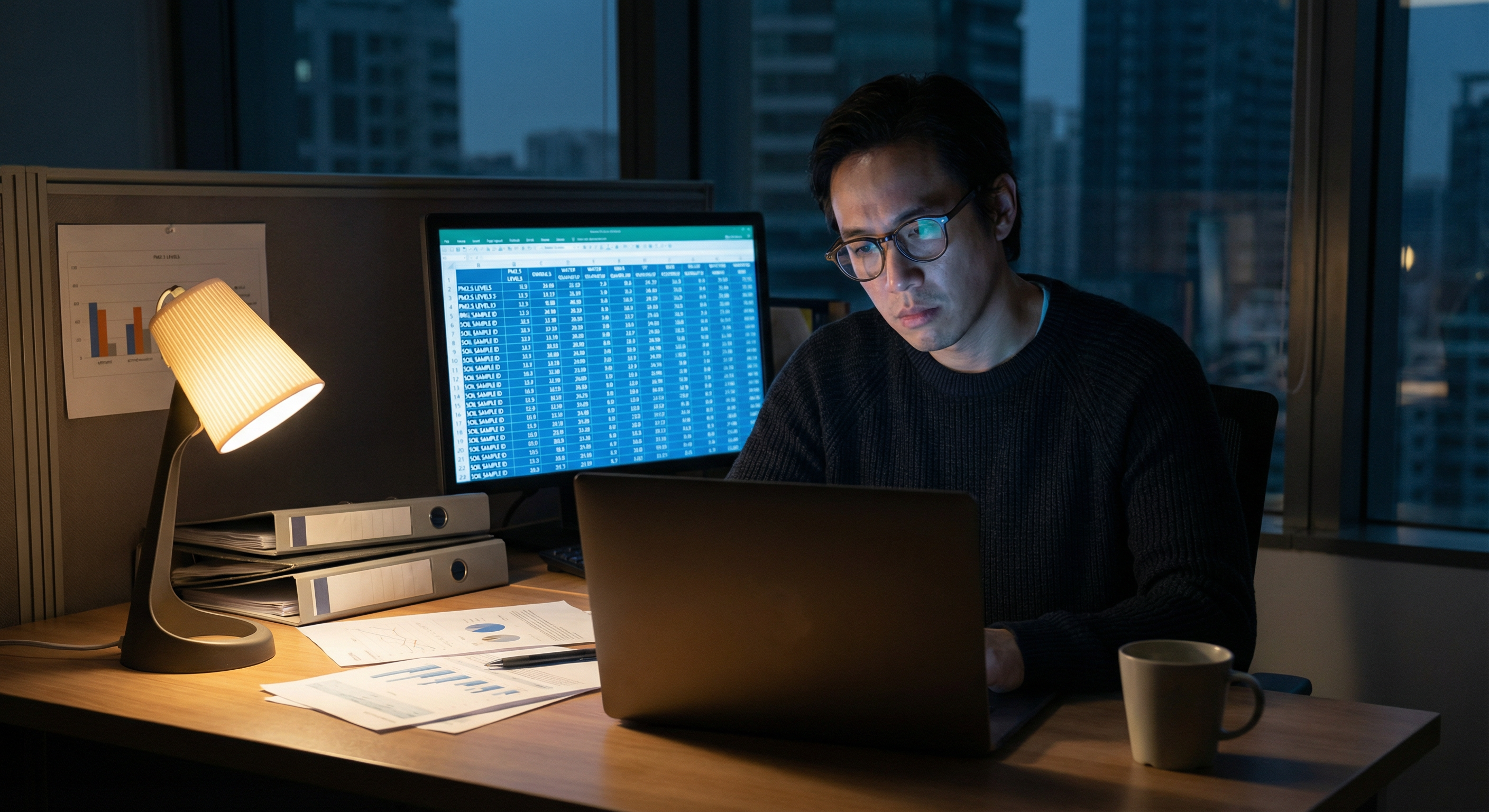 Environmental consultant working late at their desk analyzing spreadsheet data