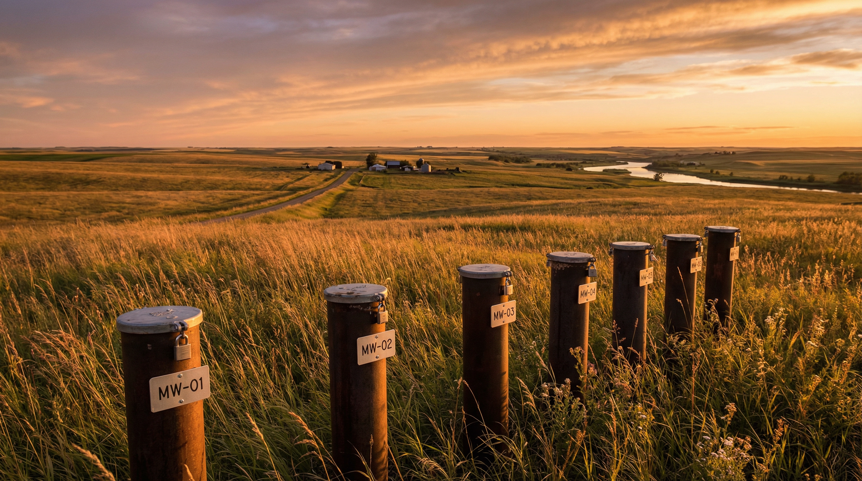 Groundwater monitoring wells in an open Canadian prairie landscape at golden hour