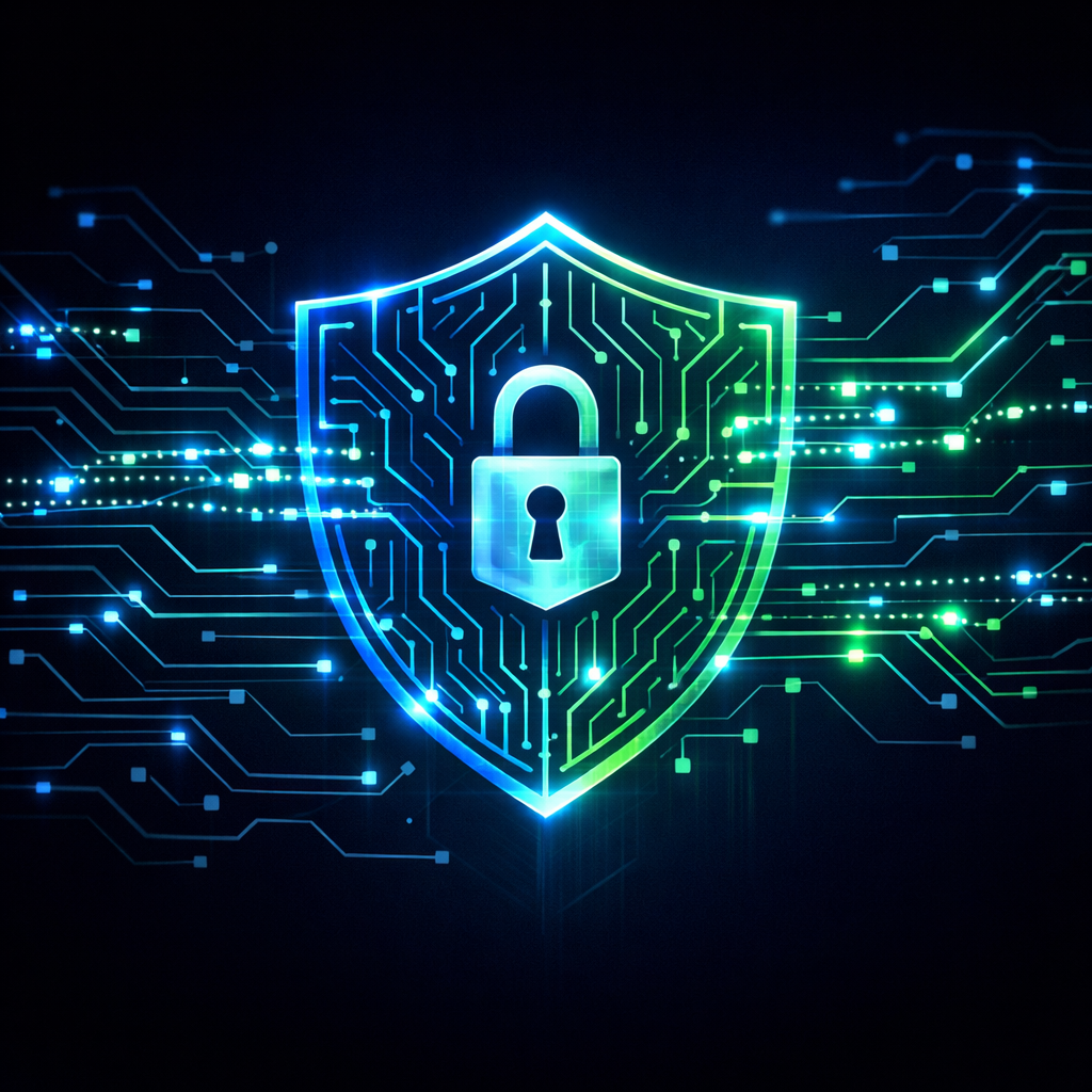 Abstract visualization of digital security architecture with shield and encrypted data pathways