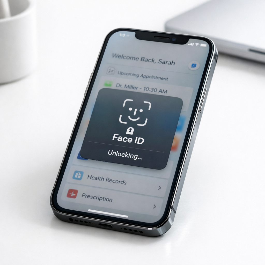 iPhone showing Face ID biometric authentication on a healthcare application