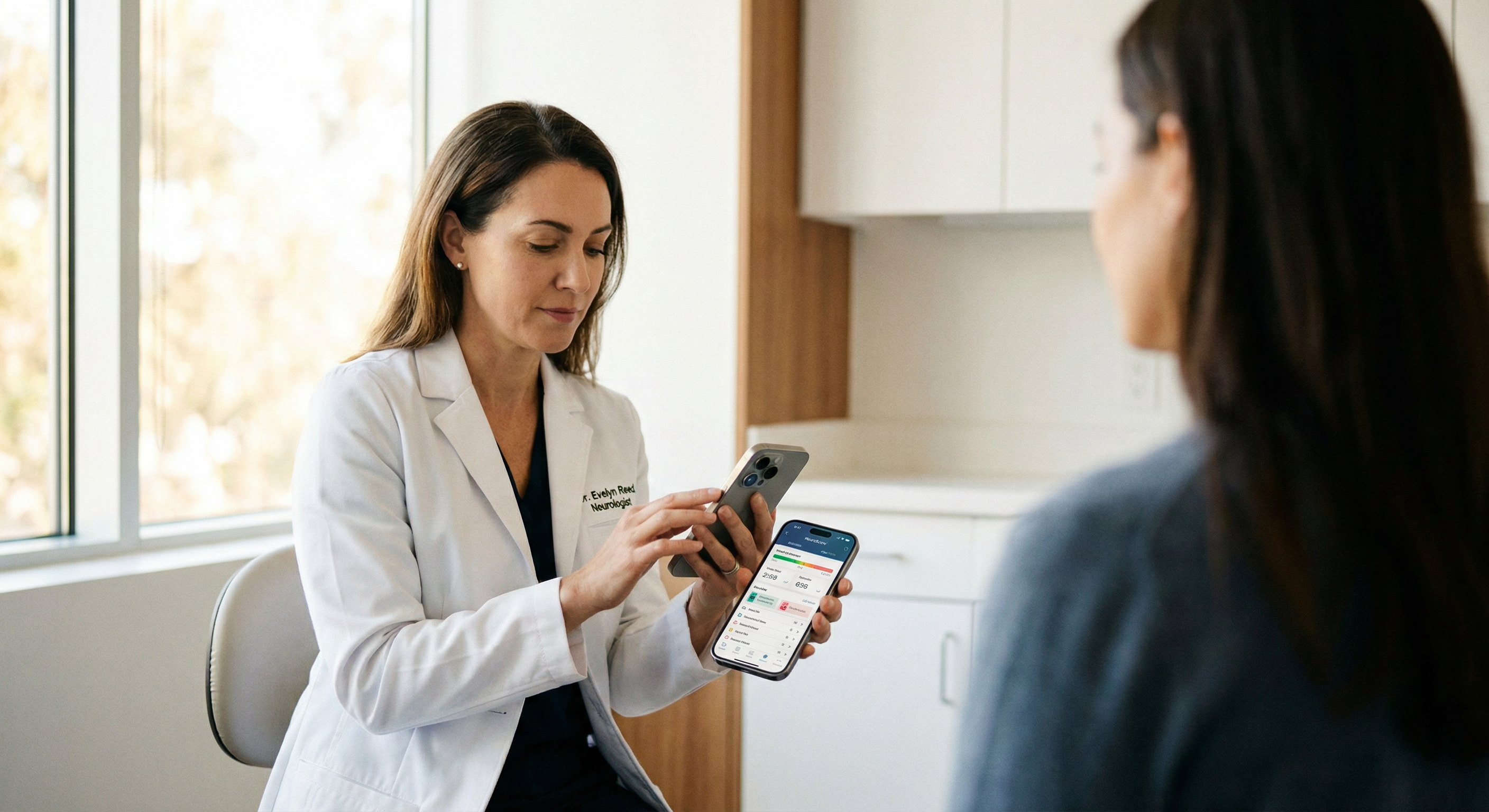 Neurologist using an iPhone to score a clinical examination during a patient encounter