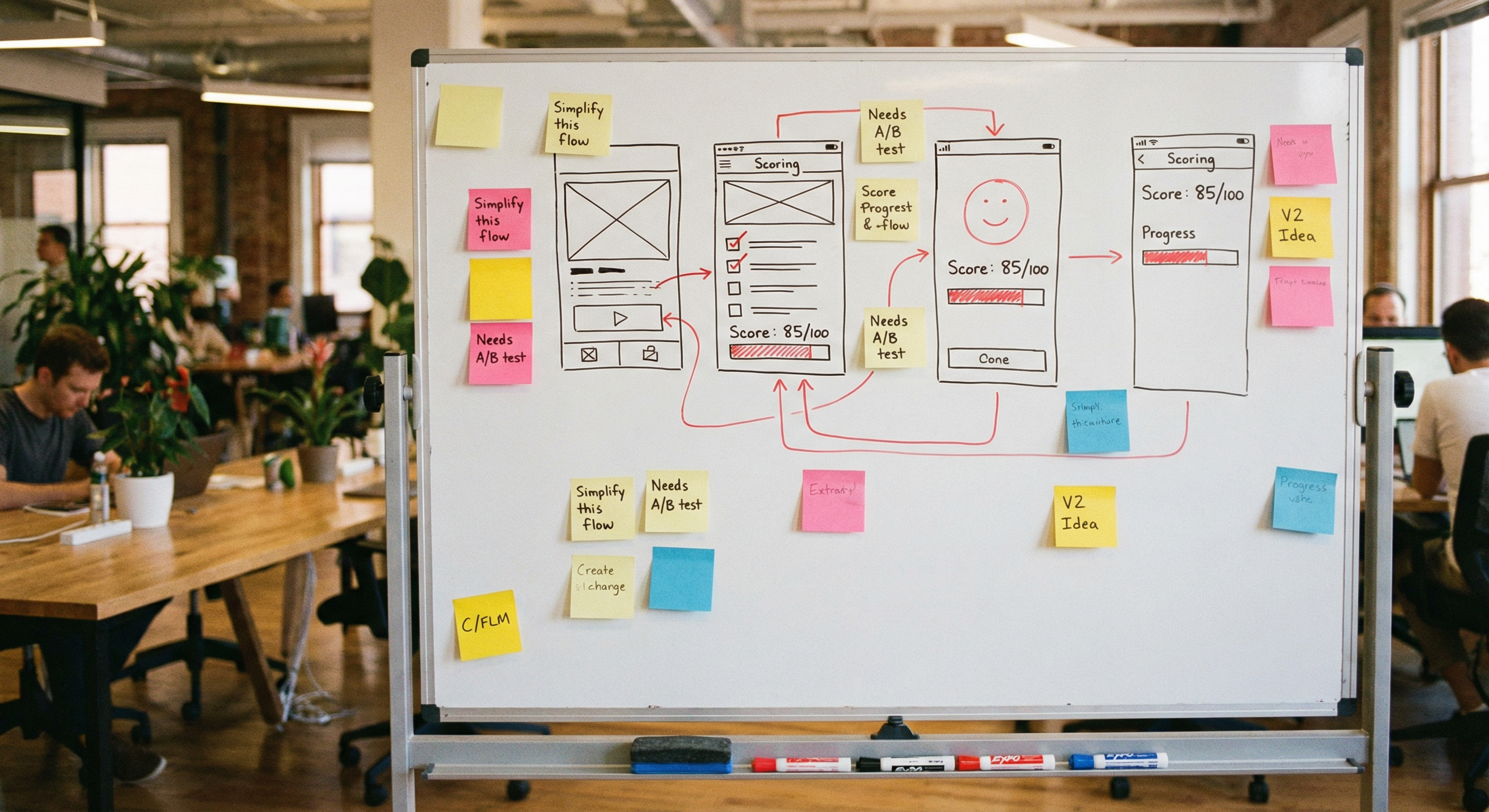 Whiteboard with hand-drawn wireframes and post-it notes showing the VOSS app design process